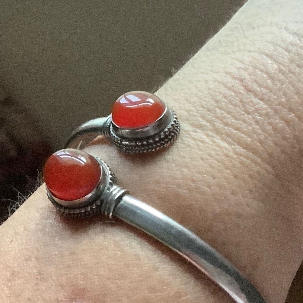 𝅺STERLING SILVER 925 RED CARNELIAN BANGLE WOMAN BRACELET​​ - Picture 7 of 11